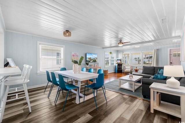 dining area featuring wooden ceiling, ceiling fan, hardwood / wood-style flooring, and wooden walls