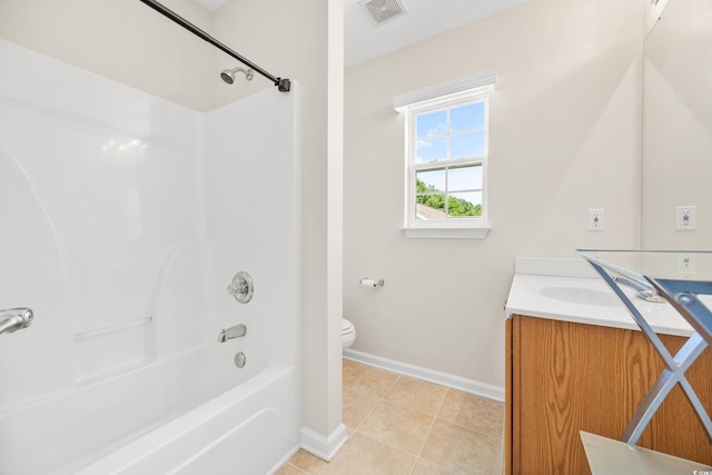 full bathroom featuring vanity, shower / bath combination, toilet, and tile patterned floors