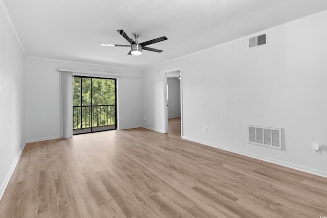 spare room with light hardwood / wood-style flooring, ceiling fan, and ornamental molding