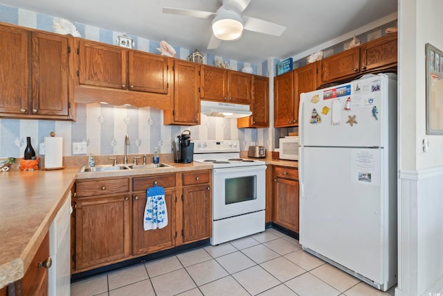 5905 S Kings Hwy Unit 219-B, Myrtle Beach, SC 29575 - kitchen with white appliances, under cabinet range hood, light countertops, a ceiling fan, and wallpapered walls