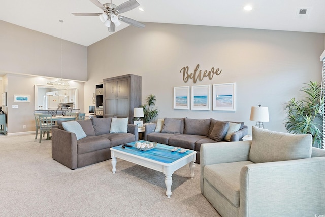 4755 Lightkeepers Way Unit 15-F, Little River, SC 29566 - living room featuring ceiling fan, high vaulted ceiling, light carpet, baseboards, and recessed lighting