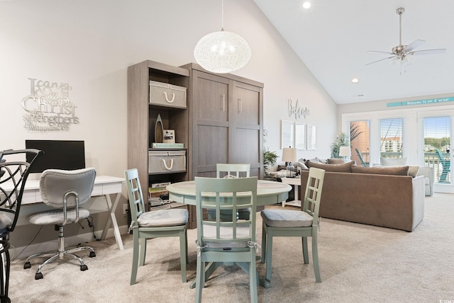 4755 Lightkeepers Way Unit 15-F, Little River, SC 29566 - dining area featuring high vaulted ceiling, light carpet, an office area, a ceiling fan, and recessed lighting