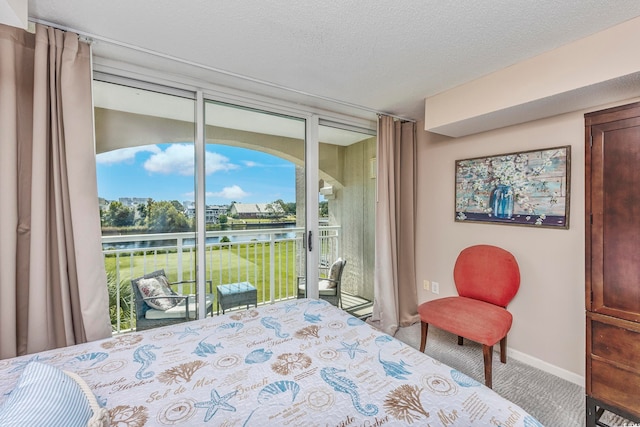 bedroom featuring carpet floors, access to outside, a water view, and a textured ceiling