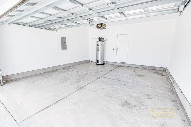 garage featuring a garage door opener, electric water heater, and electric panel