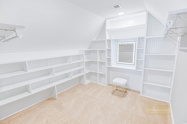 spacious closet with light carpet and lofted ceiling