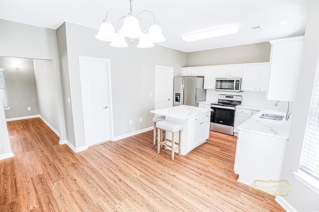 kitchen with white cabinets, sink, decorative light fixtures, stainless steel appliances, and a center island