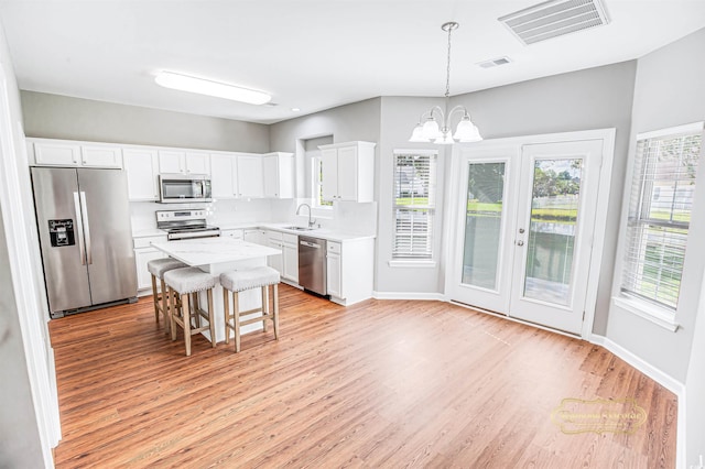 kitchen featuring stainless steel appliances, plenty of natural light, and a center island