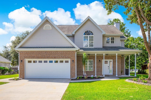 view of front facade with a porch, a garage, and a front yard