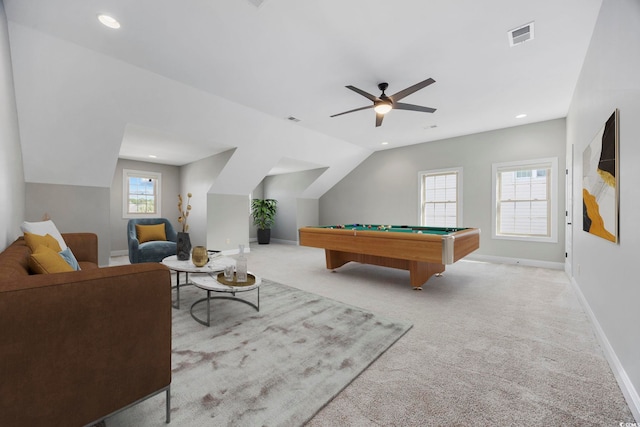 recreation room featuring ceiling fan, light colored carpet, lofted ceiling, and pool table