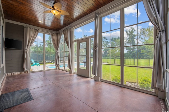 unfurnished sunroom featuring ceiling fan and wood ceiling