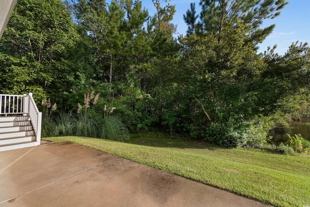 view of yard with a patio area and stairway