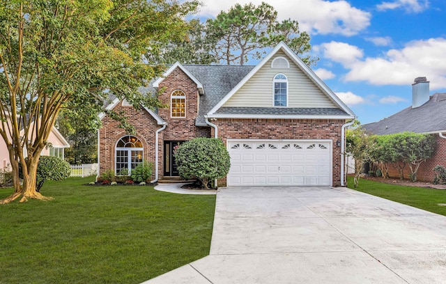 traditional-style home featuring concrete driveway, roof with shingles, fence, a front yard, and brick siding