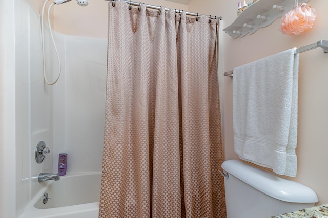 bathroom with shower / bathtub combination with curtain and toilet