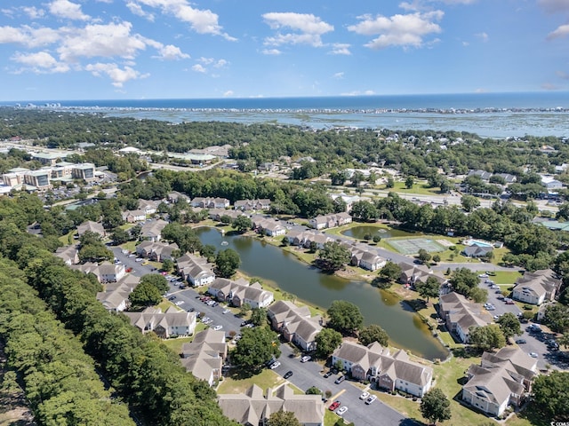 aerial view with a water view and a residential view
