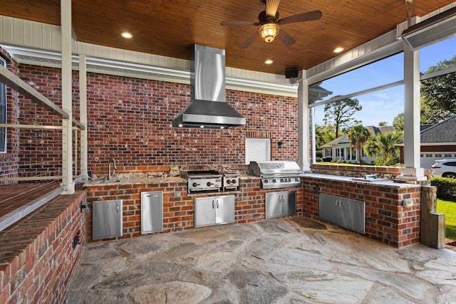 view of patio featuring area for grilling, sink, a grill, and ceiling fan