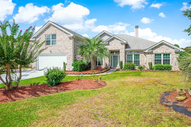 view of front of home with a garage and a front lawn