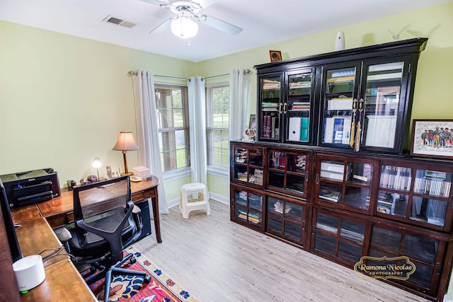 office area with ceiling fan and wood-type flooring