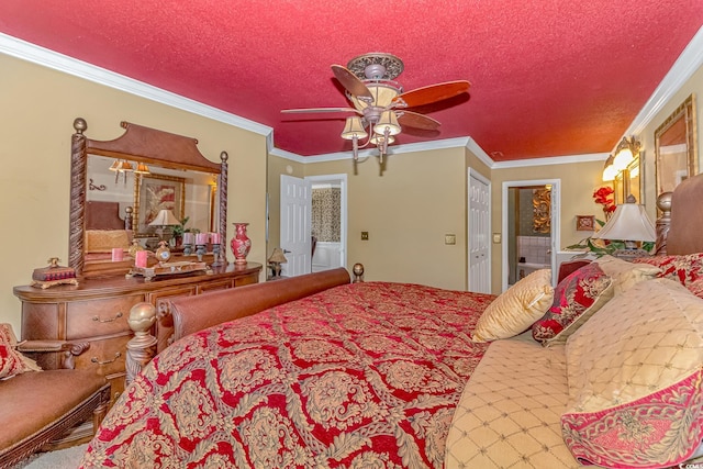 bedroom with a textured ceiling, ceiling fan, and crown molding