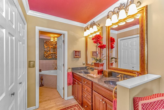 bathroom featuring crown molding, tiled bath, vanity, and tile patterned floors