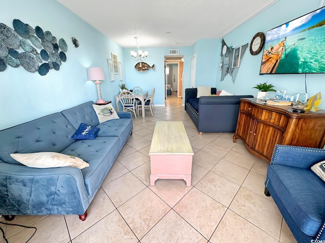 living room with a chandelier and light tile patterned floors