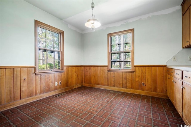 unfurnished dining area featuring wooden walls and a healthy amount of sunlight