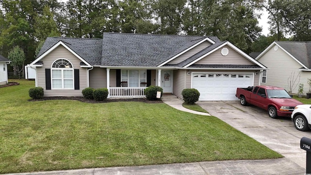 ranch-style home featuring a garage, a front lawn, and covered porch