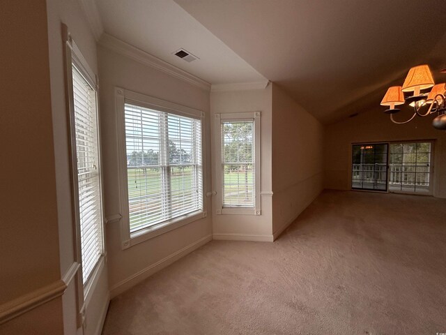 4870 Luster Leaf Cir Unit 401, Myrtle Beach, SC 29577 - empty room featuring carpet floors, a chandelier, baseboards, crown molding, and lofted ceiling