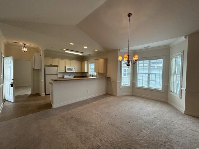 4870 Luster Leaf Cir Unit 401, Myrtle Beach, SC 29577 - kitchen featuring white appliances, a chandelier, recessed lighting, light colored carpet, and baseboards