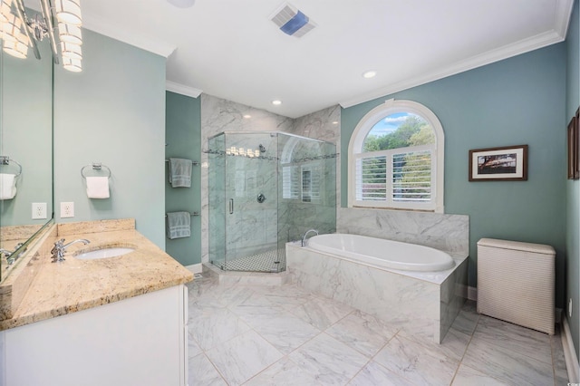 1324 Harbour Watch SW, Calabash, NC 28467 - full bath with crown molding, a bath, marble tiled floors, a marble finish shower, and vanity