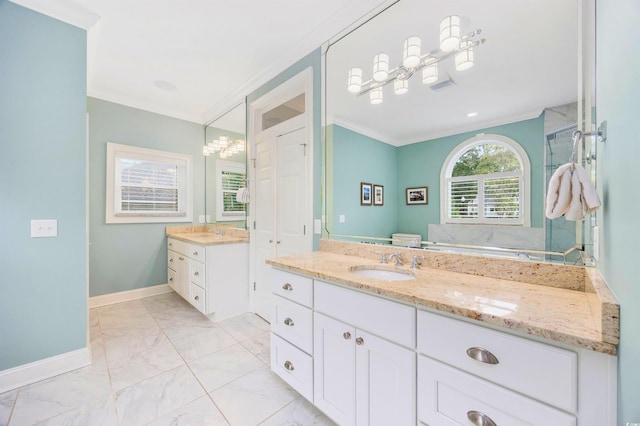 1324 Harbour Watch SW, Calabash, NC 28467 - bathroom featuring crown molding, vanity, marble finish floors, and baseboards