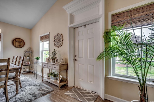 entryway featuring hardwood / wood-style floors and high vaulted ceiling