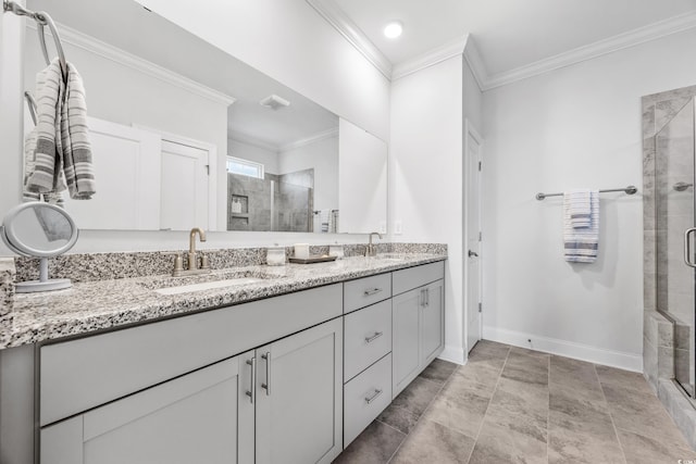 bathroom featuring vanity, walk in shower, and ornamental molding