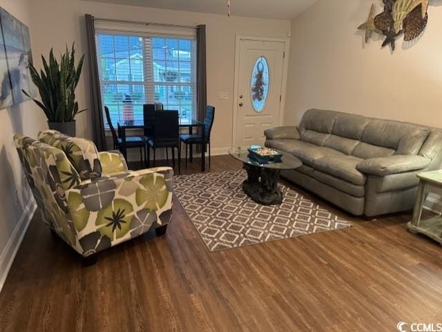 living room with dark hardwood / wood-style floors