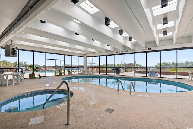 view of swimming pool featuring a skylight