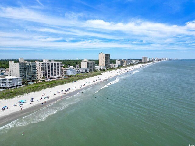 drone / aerial view with a water view and a view of the beach