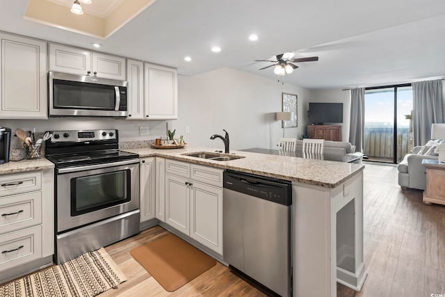 kitchen featuring appliances with stainless steel finishes, kitchen peninsula, light wood-type flooring, and sink