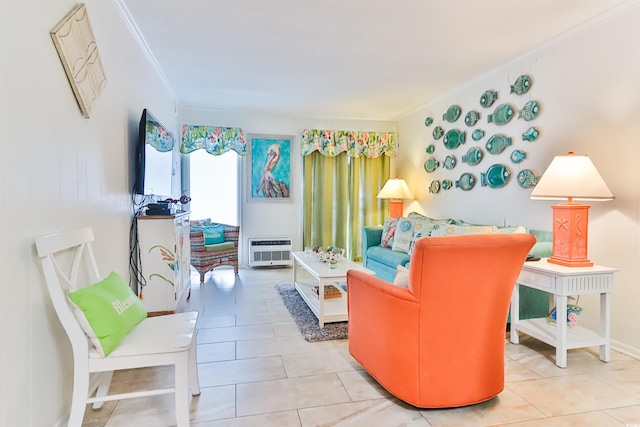 tiled living room featuring ornamental molding and heating unit