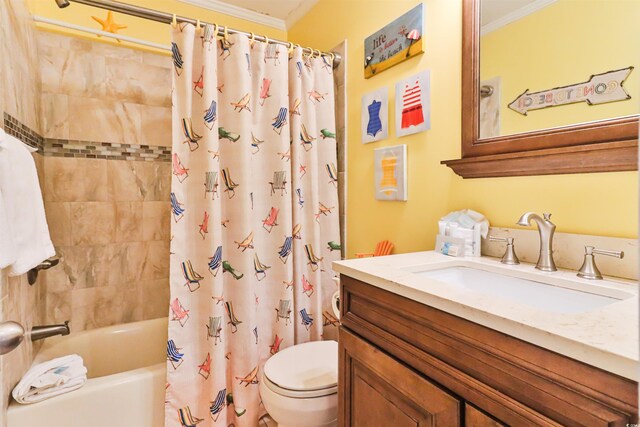 full bathroom with vanity, toilet, ornamental molding, and shower / tub combo with curtain