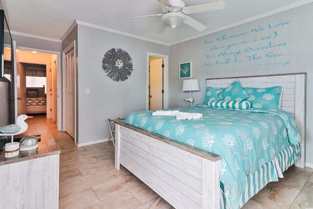 bedroom with a closet, ceiling fan, and crown molding