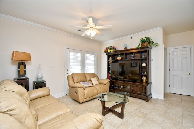2013 Silvercrest Dr Unit 30-H, Myrtle Beach, SC 29579 - living room with a ceiling fan, ornamental molding, baseboards, and light tile patterned floors