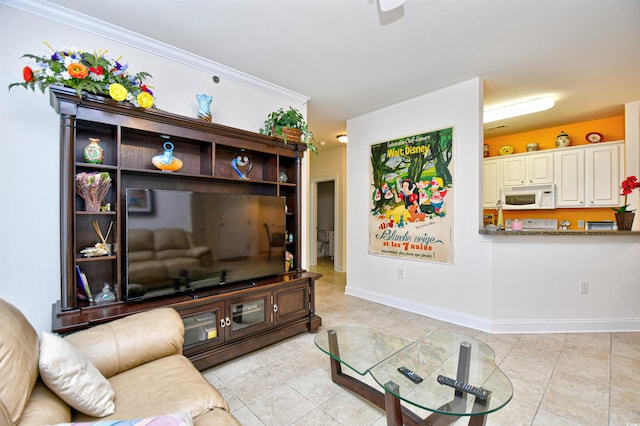 2013 Silvercrest Dr Unit 30-H, Myrtle Beach, SC 29579 - living room featuring ornamental molding, baseboards, light tile patterned flooring, and ceiling fan