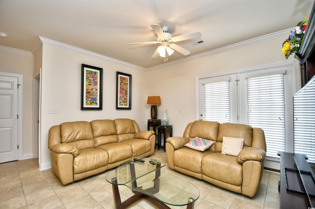 2013 Silvercrest Dr Unit 30-H, Myrtle Beach, SC 29579 - living room featuring a ceiling fan, ornamental molding, light tile patterned floors, and baseboards