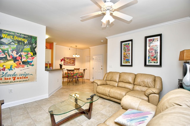 2013 Silvercrest Dr Unit 30-H, Myrtle Beach, SC 29579 - living room featuring ornamental molding, light tile patterned floors, a ceiling fan, a chandelier, and baseboards