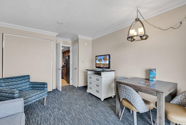 dining space with a textured ceiling, crown molding, dark carpet, and a notable chandelier