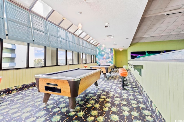 recreation room featuring wooden walls, billiards, and carpet flooring