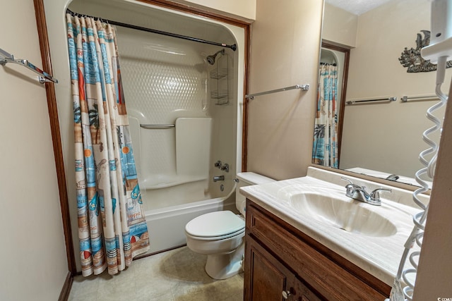 full bathroom with shower / bath combo, vanity, and toilet