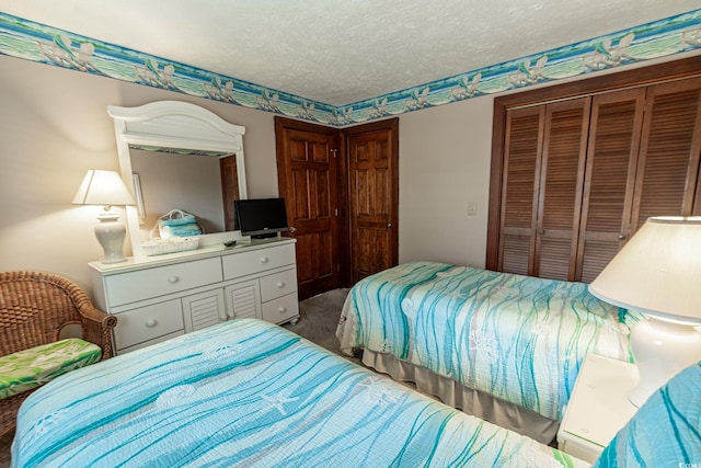 bedroom featuring carpet, a closet, and a textured ceiling