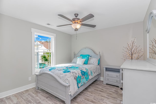 bedroom with ceiling fan and light wood-type flooring