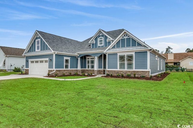 1104 Maccoa Dr, Conway, SC 29526 - craftsman inspired home with board and batten siding, a standing seam roof, concrete driveway, stone siding, and a front lawn