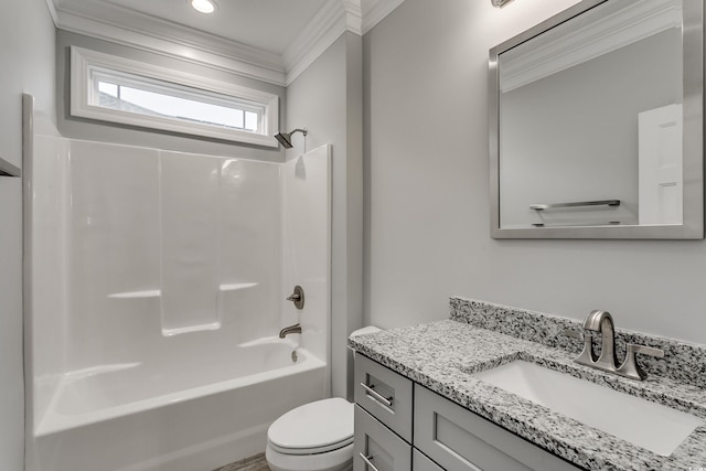 full bathroom featuring shower / bathtub combination, toilet, vanity, and crown molding